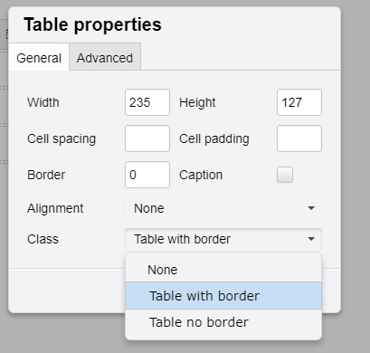 Umbraco Table properties